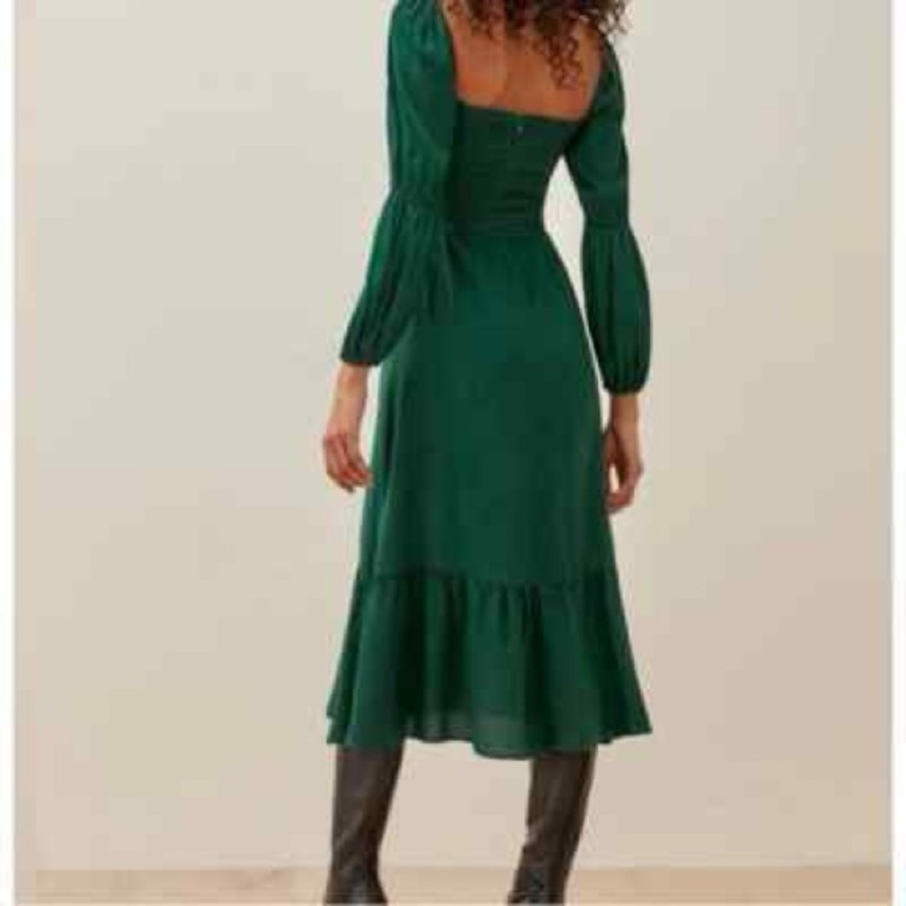 New Reformation Mica Puff Long Sleeve Emerald Green Midi Dress Sz 8 Square Neck - Picture 2 of 11